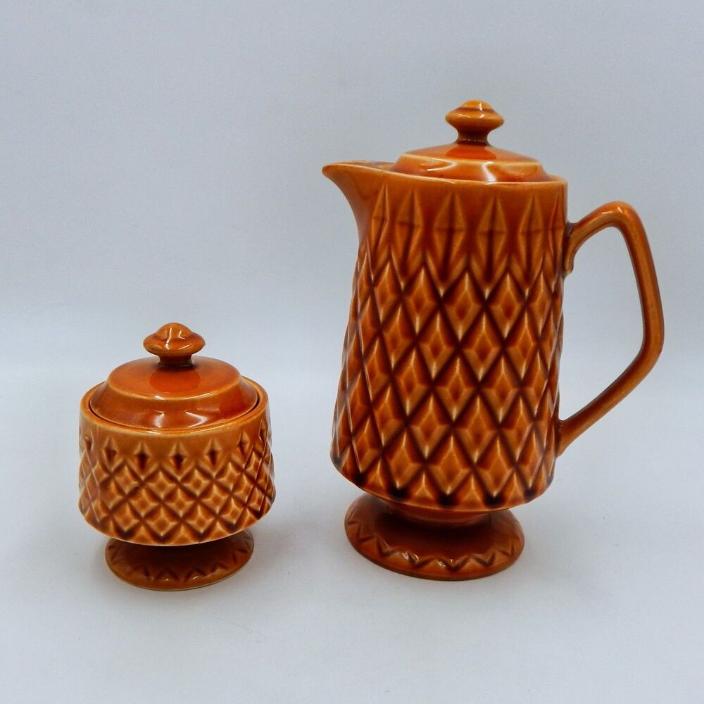 Brown Raised Diamond Pattern Footed Coffee Pot Sugar Bowl Japan Lidded Vintage